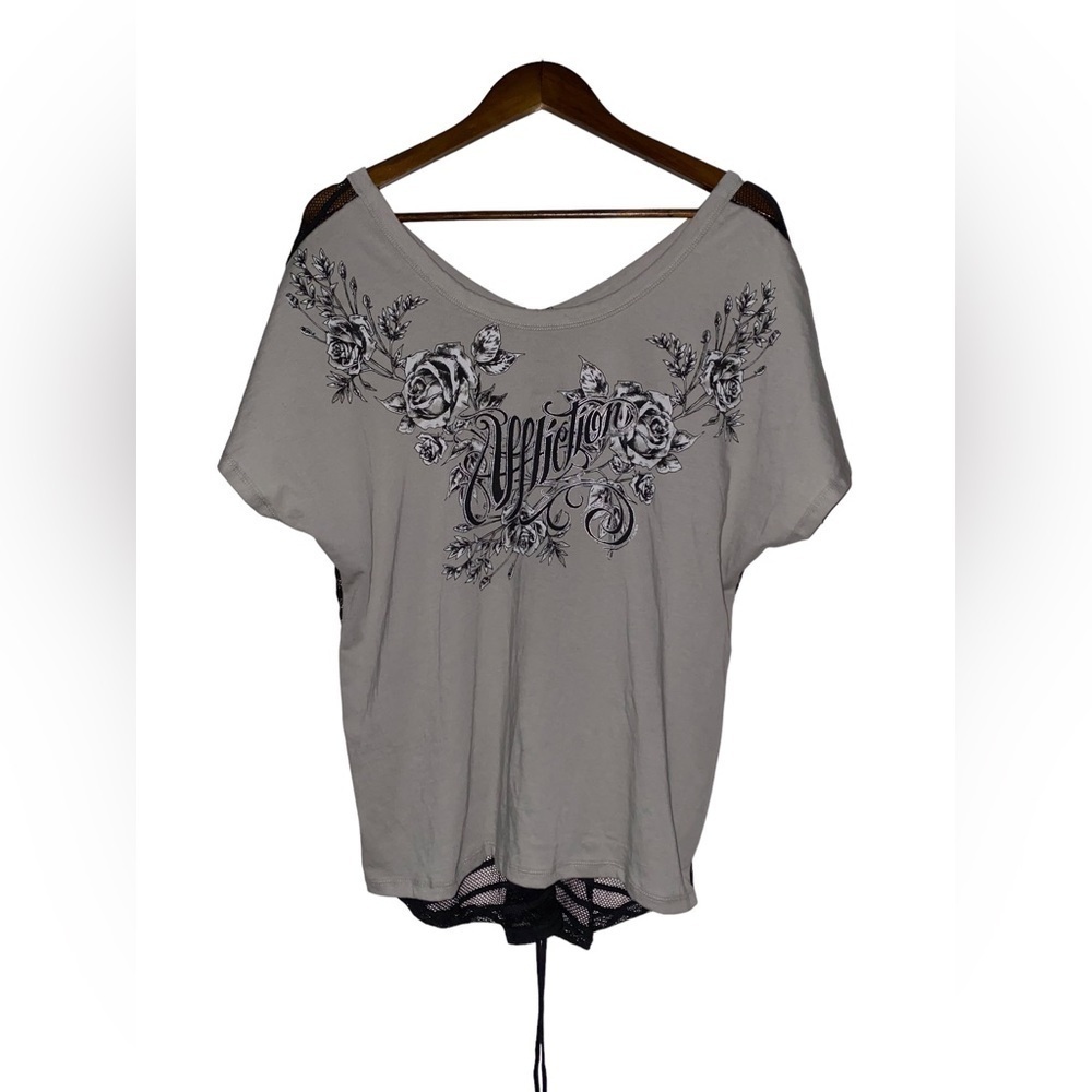 Affliction Julia Rose Silver Mesh Women Medium Cinch‎ Tie Panel Tee Shirt Moto